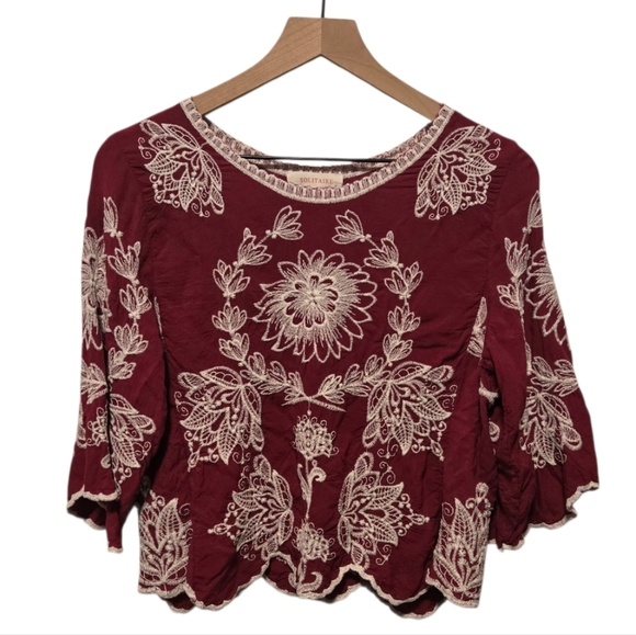 Solitaire Embroidered Floral Burgundy Wine Boho 3/4 Sleeve Top Size Large - Picture 1 of 7